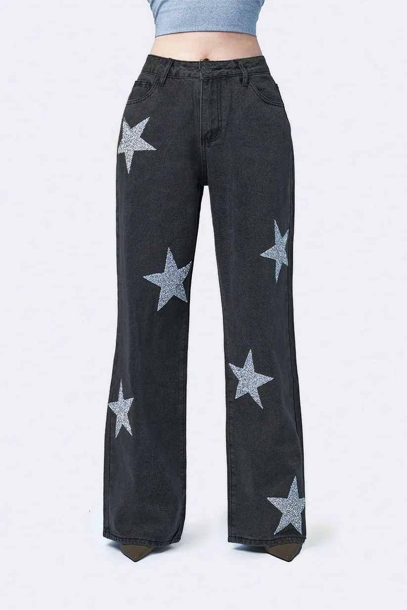 Women Wide Leg Straight Silver Star Jeans Hip Hop Print Fashion High Waist Black Baggy Jean Y2k Harajuku 2000s Women ClothingT260310
