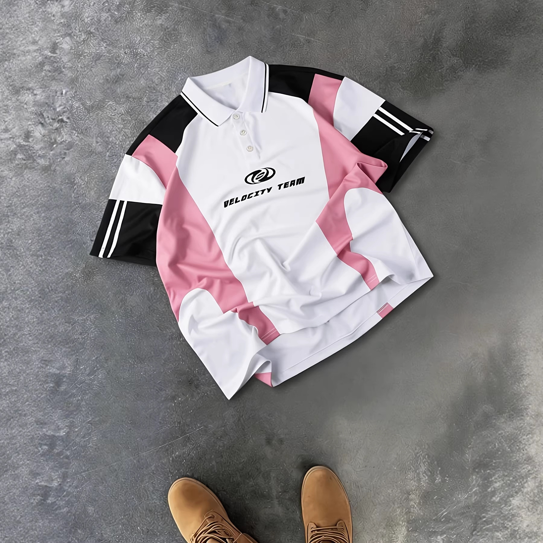 Luxury Brand Designer Clothes Trendy Sporty Style Polo Shirt For Men, Loose Fit, Versatile, Pink And White Color Block Design, Casual And Breathable S