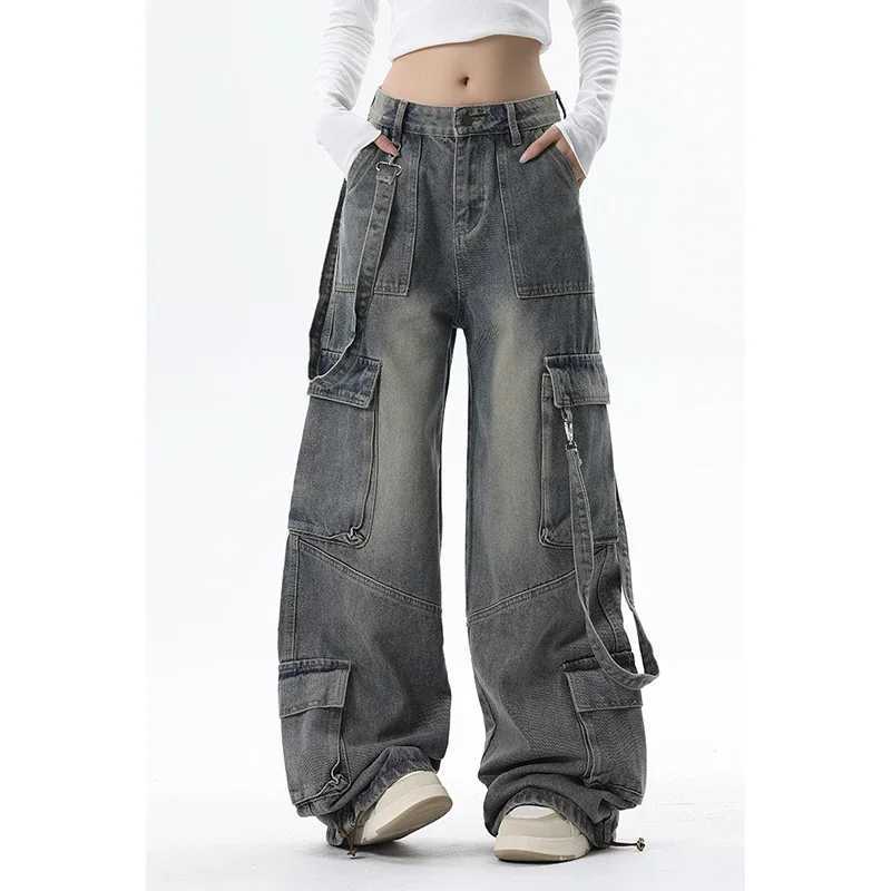 Women Blue Jeans Cargo Pants Streetwear High Waist Wide Leg Pants Fashion Y2K Style Female Winter Straight Trousers M260310