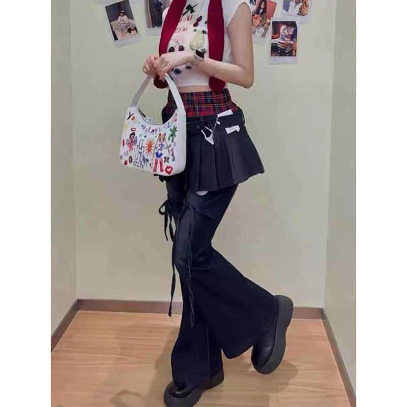 YIBASHU Autumn Womens Denim Pants Slim Flared Jeans Fake Two Pieces Bell Bottom Jeans Abi Y2k Dark Academia Skinny Cyber Punk M260310