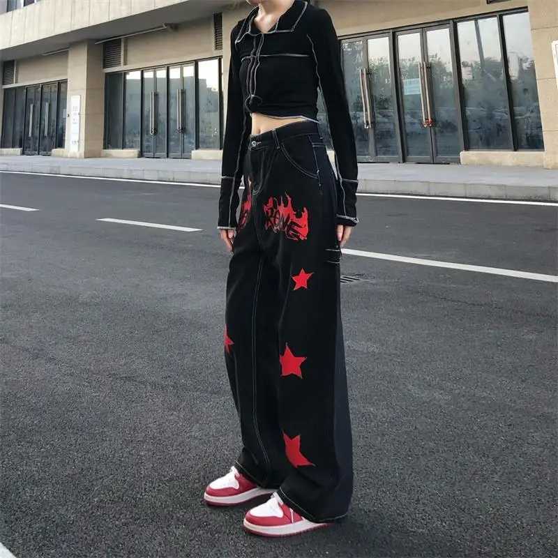 Hip Hop Vintage Women Black Red Jeans Streetwear Fashion Pants Star Painted High Waist Wide Leg Straight Casual Loose TrousersT260310
