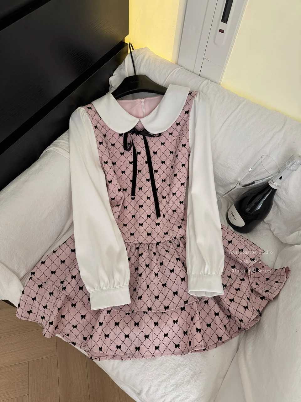 French Sweet Cute High Waist Slimming Long Sleeve Butterfly Knot Puffy Fairy Skirt Womens Fake Two Pieces Short Dress F482T260310