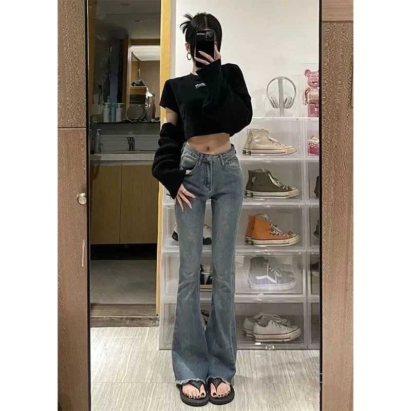 Bootcut Jeans Woman Punk Women Lapel Straight Travel Millennium Ladise Denim Fabric Paneled Geometric Texture Boho Folded Ladies M260310