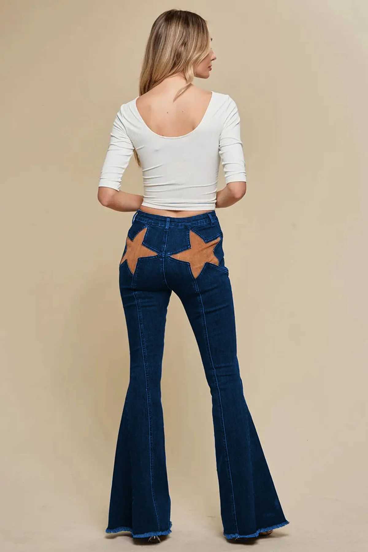 Womens Y2K Red Star Patch Flared Jeans High Waist Distressed Raw Hem Denim Pants Vintage Streetwear Bell Bottom TrousersT260310