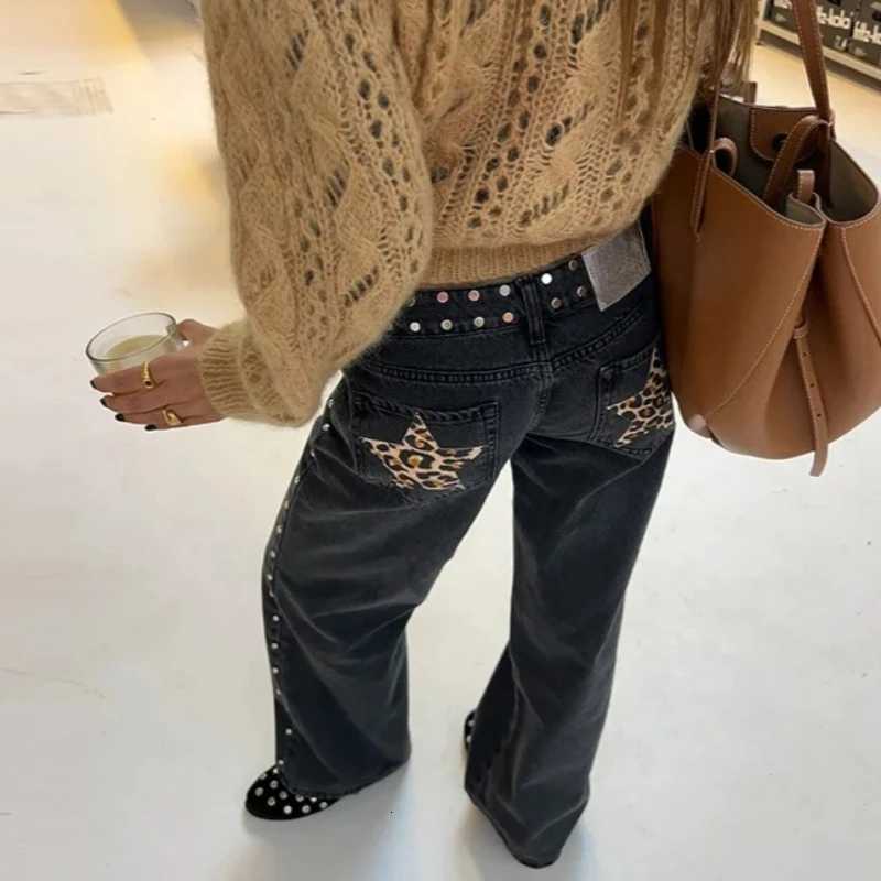 Fashion Leopard Print Low Jeans Women Vintage Five-Pointed Star Design Pocket Baggy Jeans New Harajuku Y2K Straight Denim PantsT260310