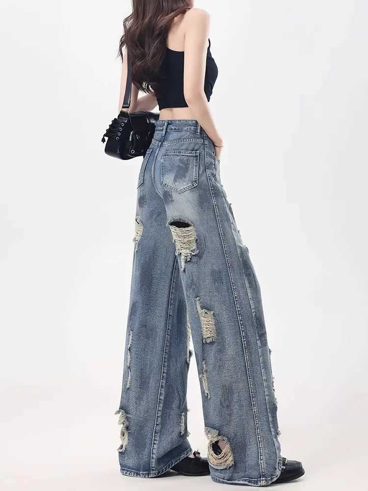 Oversize Blue Ripped Old Hot Y2k American RETRO High Waist Fashion Men And Women Hip Hop Straight Loose Wide Legs Jeans M260310