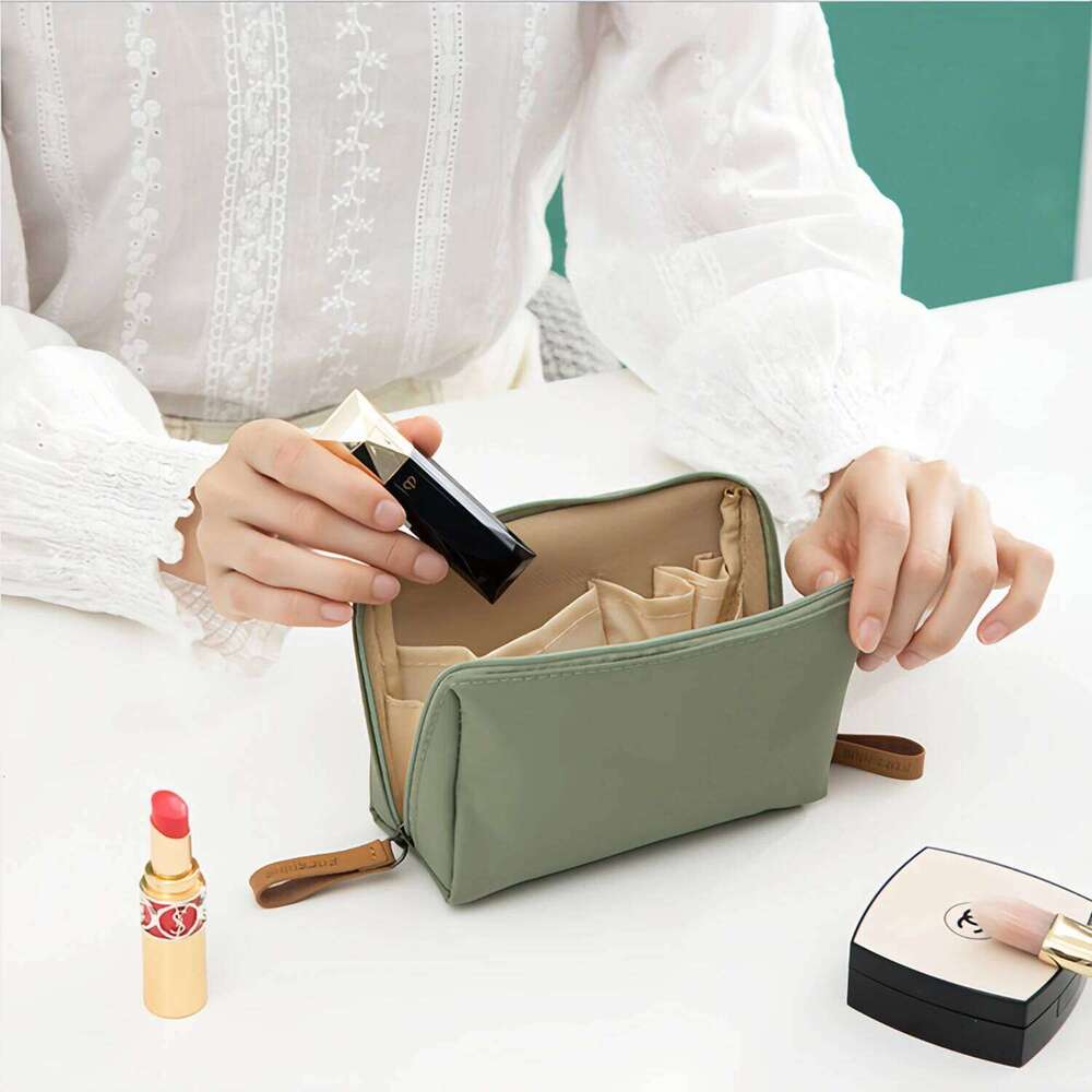 Large Cosmetic Organizer Bag - Compact travel toiletry bag, women's textured polyester fabric makeup pouch.A-tan XJ260310