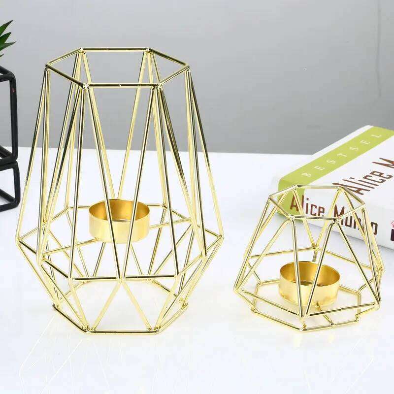 Set of 2 Gold Geometric Metal Tealight Candle Holders Living Room Bathroom Decorations - Centerpieces for Wedding & Dining H260310