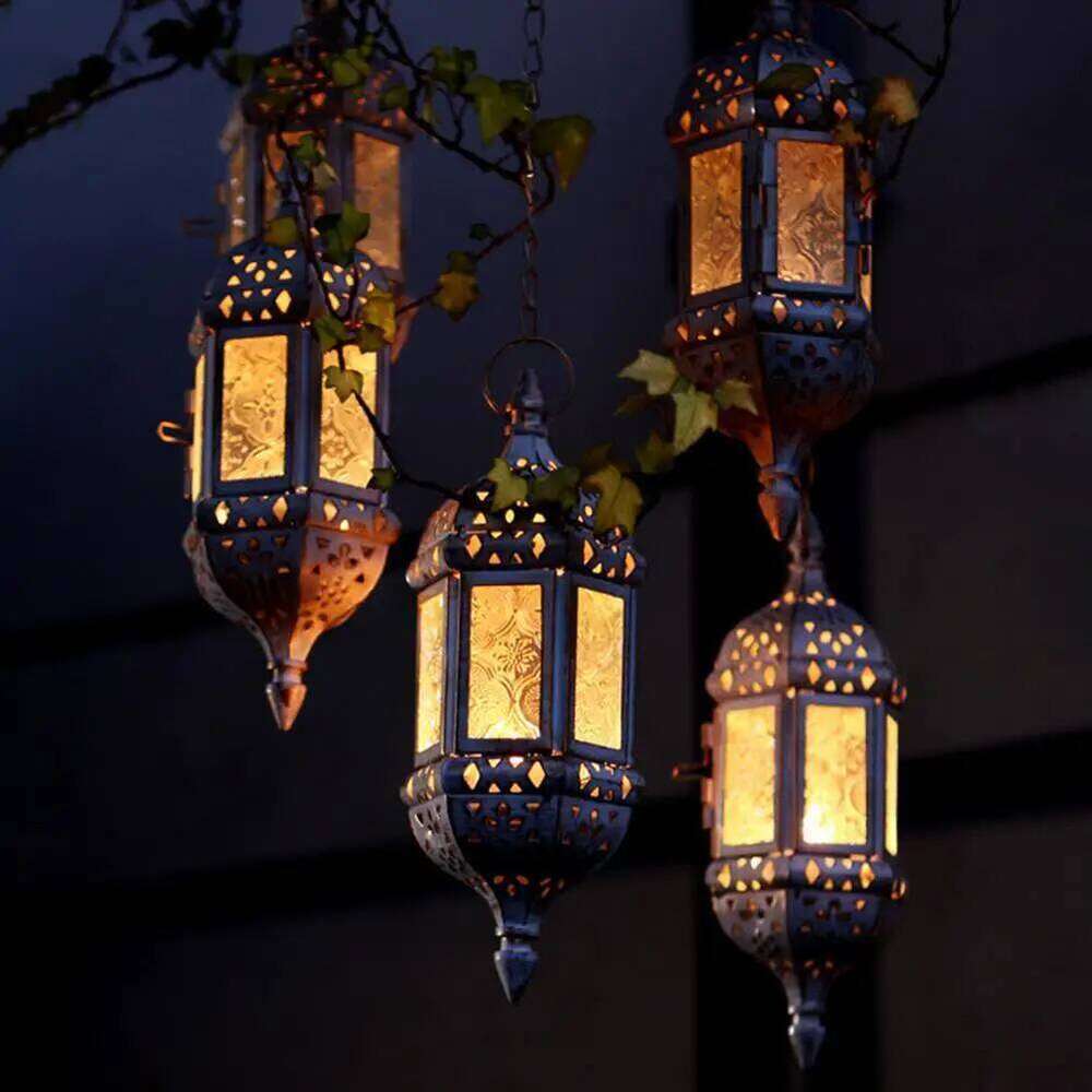 25*9cm Iron Hanging Vintage Glass Moroccan Tea Light European Style Hollow Candle Holder For Garden H260310