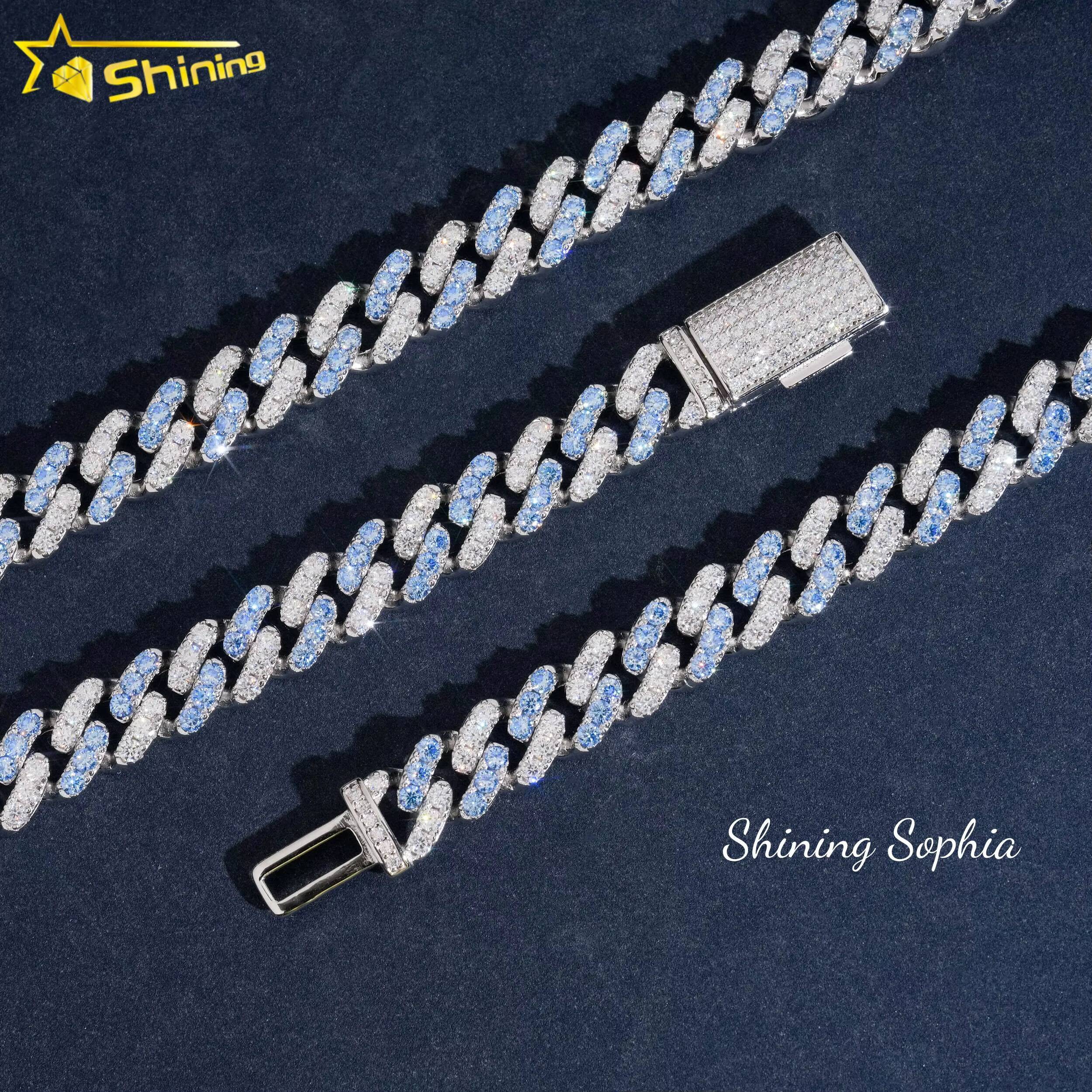 10mm 14K White Gold Plated Two Tone Blue and White Moissanite Diamond Cuban Link Chain Necklace