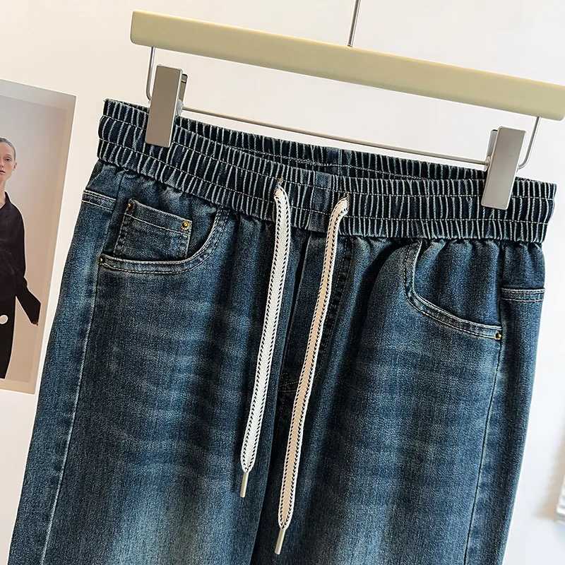 Autumn Women 9XL Blue Jeans Fashion Washed Cotton Elastic Straight Denim Pants Korean Casual Simple Female High Waist Trousers M260310