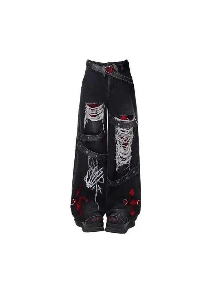 Y2K Red GoTHic Hip-Hop Hole Vintage Jeans High Street Trend American Baggy Wash Overall Belt Splicing Woman Wide-leg Pants M260310