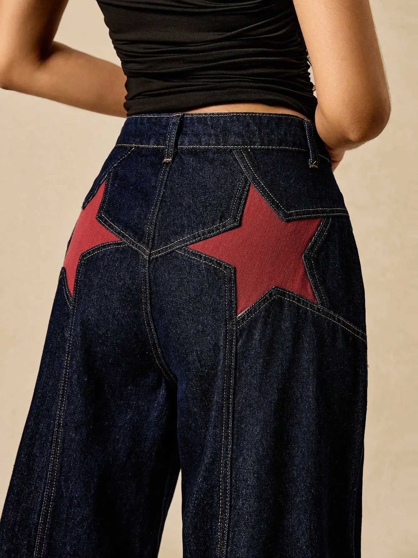 Womens Loose Fit Denim Jeans with Red Star Patch Back Design Streetwear Style for Summer Casual WearT260310