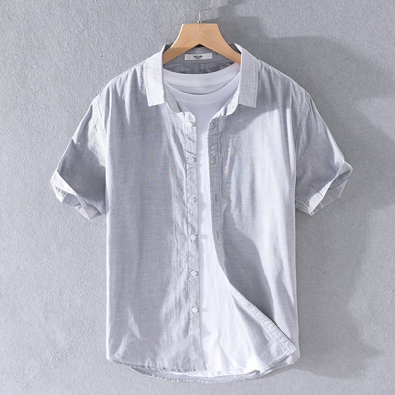 Designer Shirt Breathable Pure Linen Shirt Men's Short Sleeve Loose Top Summer Wear Thin Turn-down Collar White Cotton