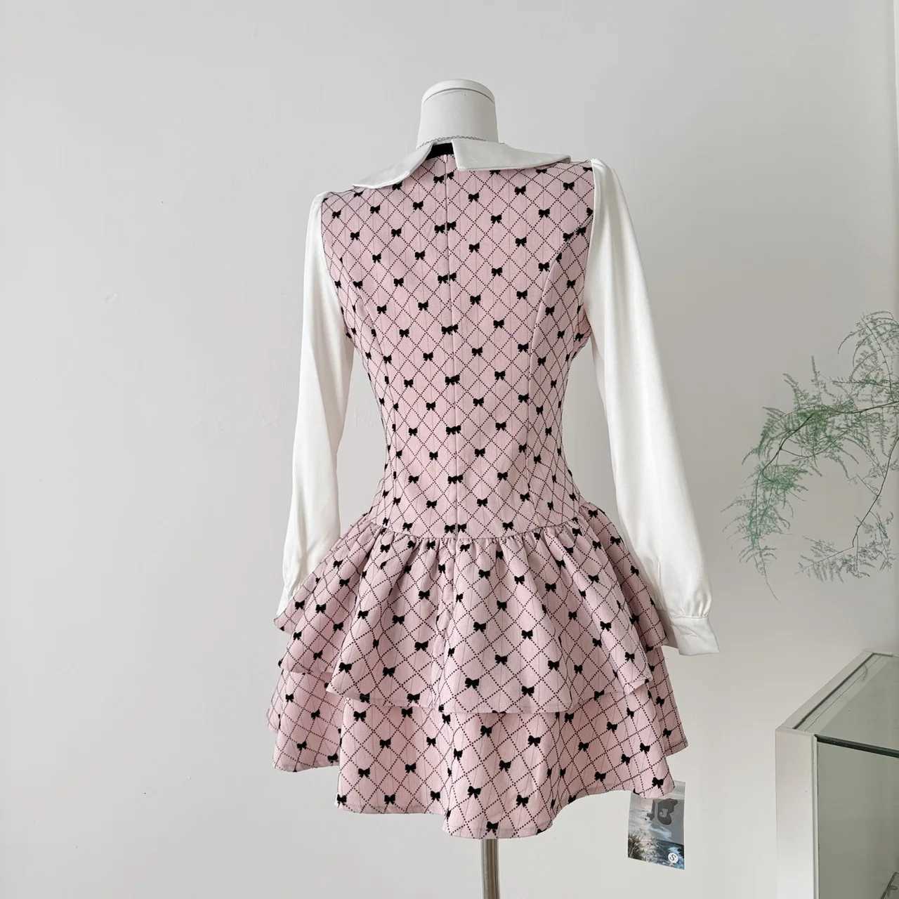 French Sweet Cute High Waist Slimming Long Sleeve Butterfly Knot Puffy Fairy Skirt Womens Fake Two Pieces Short Dress F482T260310