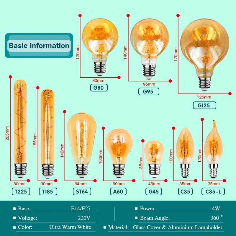 2/4pcs Retro LED Edison Bulb E14 E27 220V Spiral Soft Filament Warm Yellow Led Light Bulb Indoor Decor Tube Globe Vintage Lamp H260310