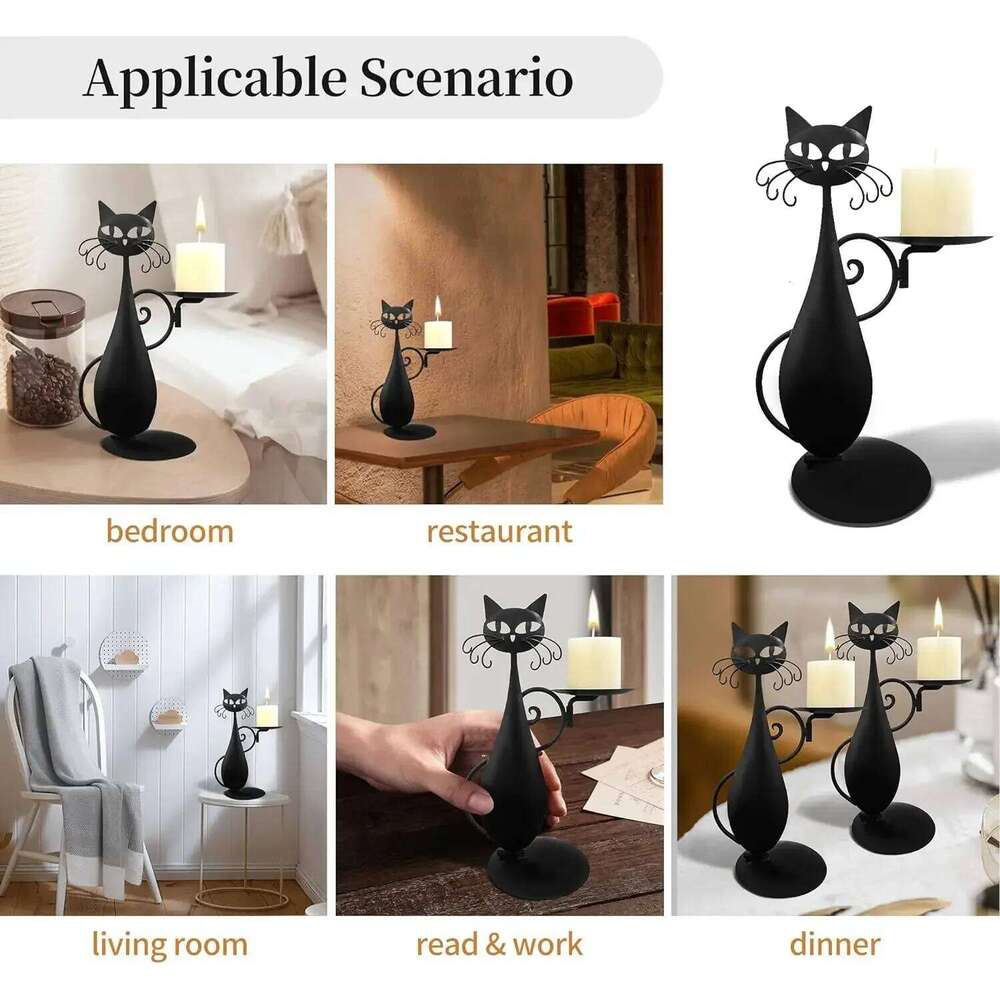 Vintage Black Cat Metal Candlestick Holder for Cylindrical or LED Flameless Candle Home Table Decoration Halloween Party Decor H260310