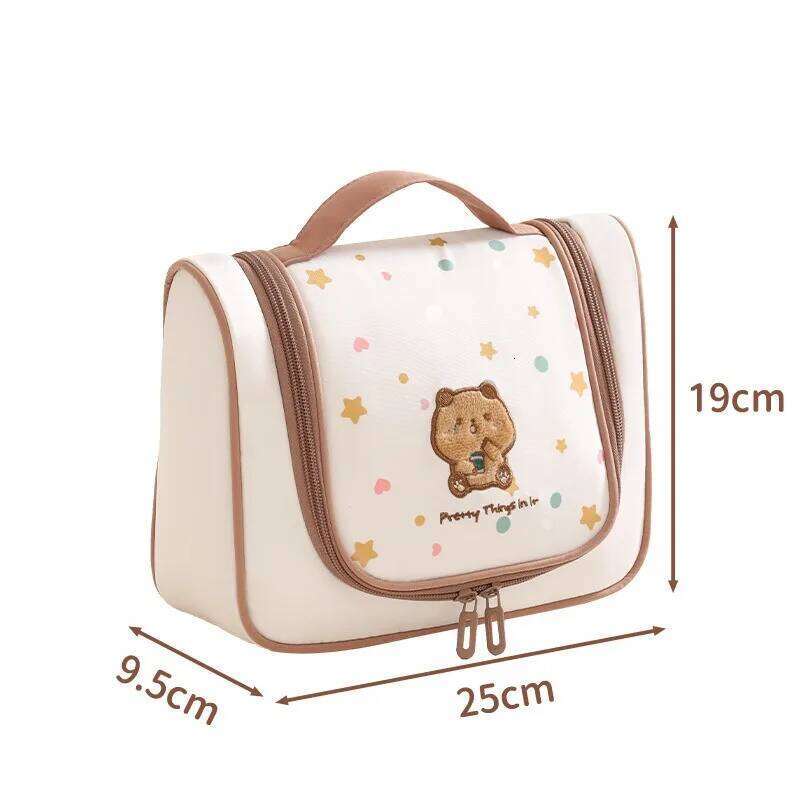 2025Milk tea bear curved cover hook toiletry travel storage cartoon cosmetic bag large capacity XJ260310