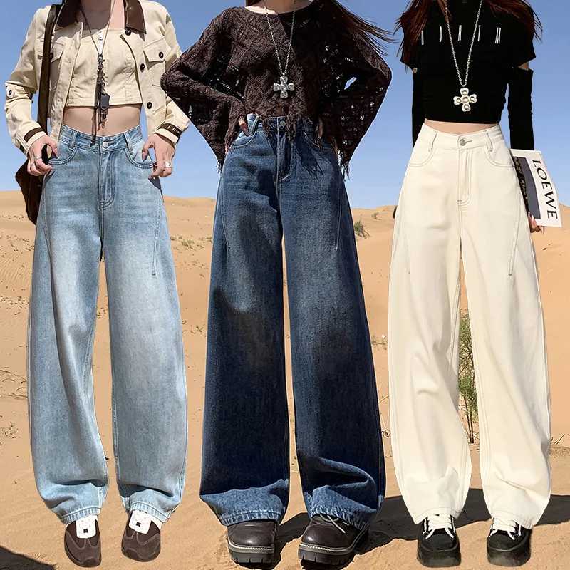 Womens Back Pocket High Waist Curved Leg Jeans Wide Leg Loose Slimming Straight Floor Length Pants M260310