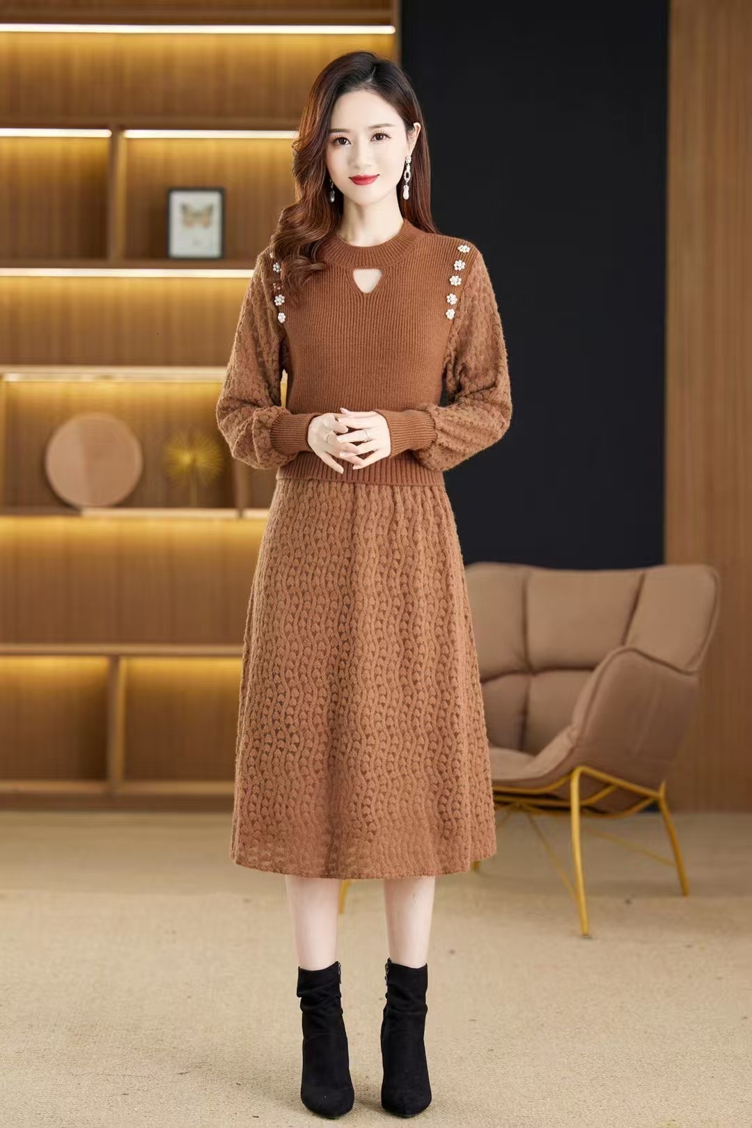 Elegant Knit Tweed Style Slimming Dress For Women Autumn/winter Slim Fit Tweed Patchwork Dresses 240824