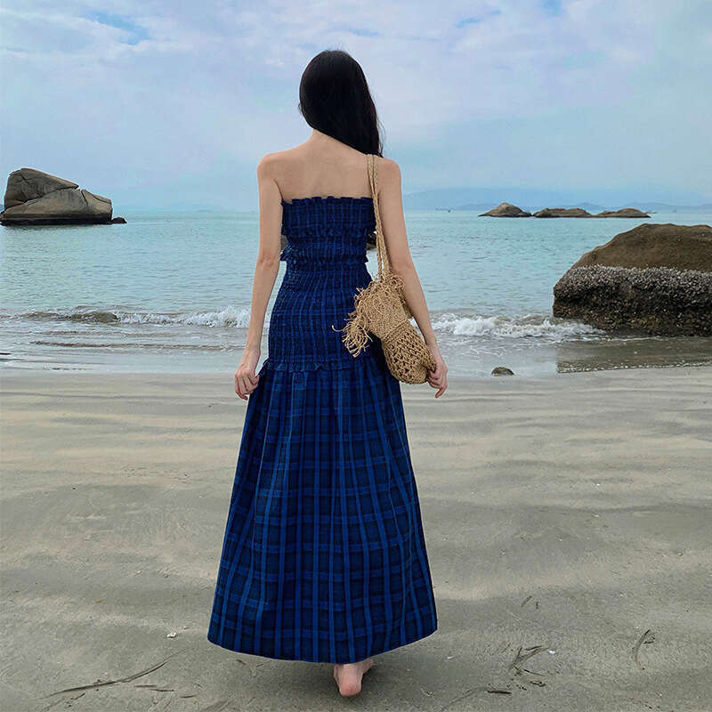 2026 Spring and Summer New Checkered Niche Design Annual Meeting Strapless Dress Elegant Long Dress