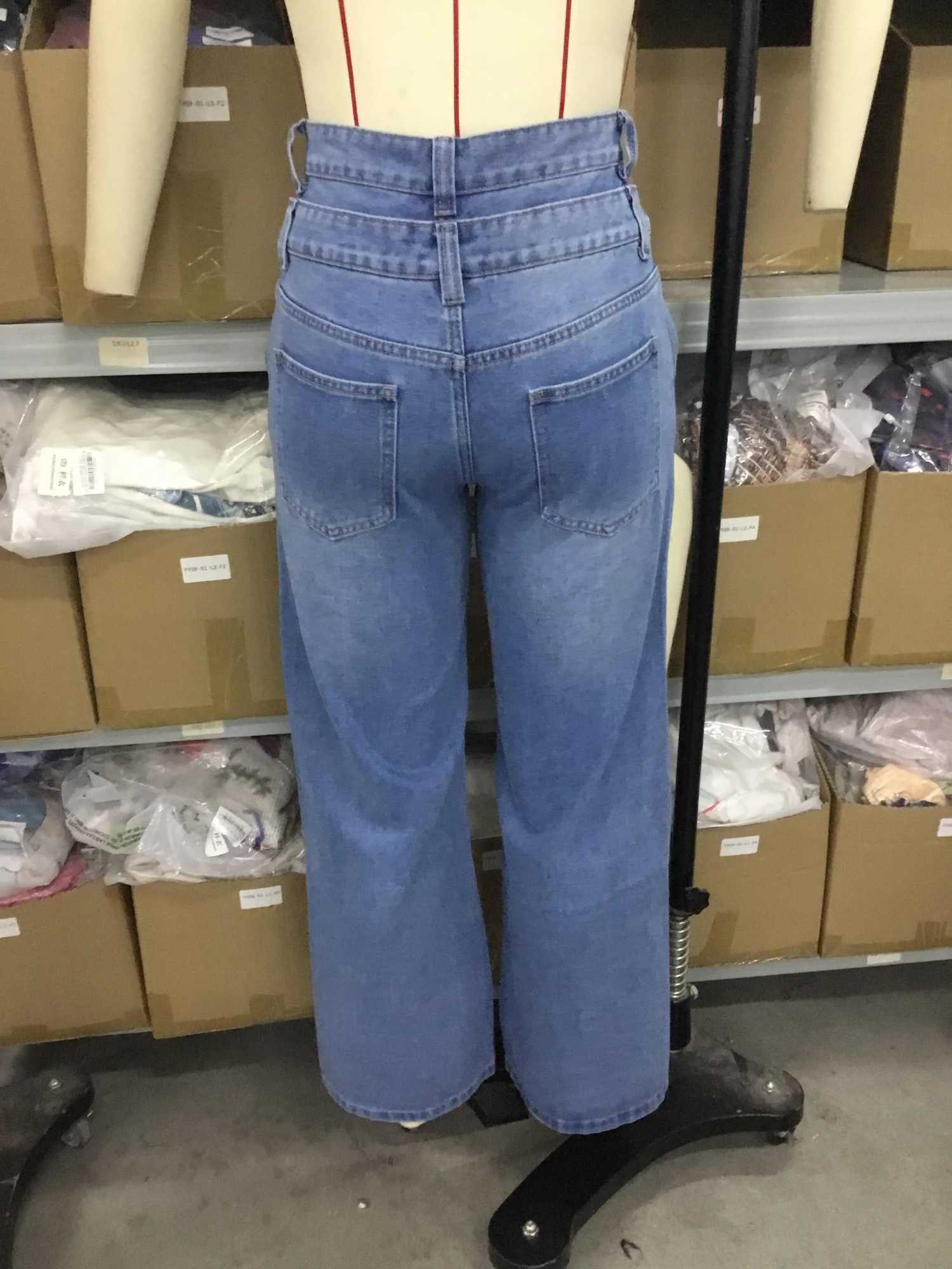 Plus Size Spliced Button Denim Straight Wide Leg Jeans Pockets High Waist Vintage Women Denim Jeans Casual Streetwear Trousers M260310