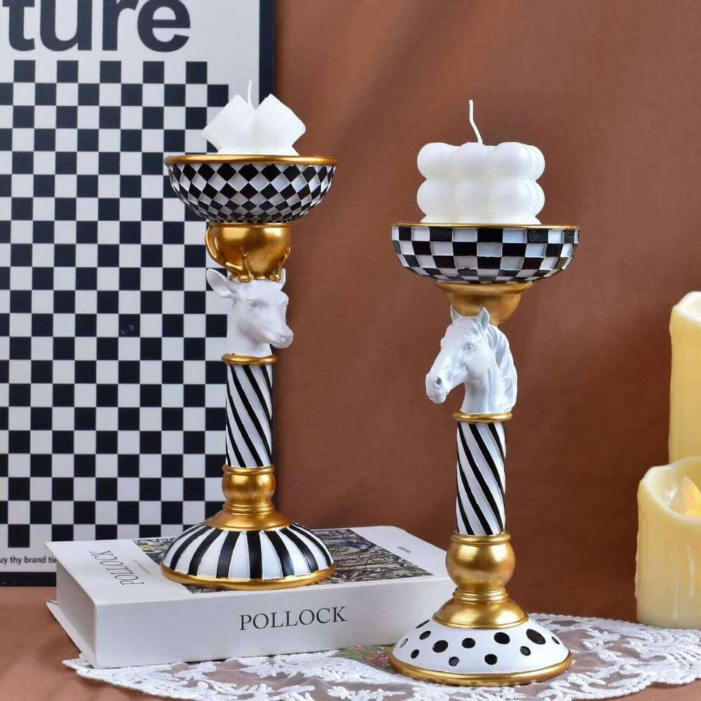 Europe Statue Holder Resin 3D Animal Head Figurine Vintage Striped Candle Stand Christmas Home Desktop Decoration H260310
