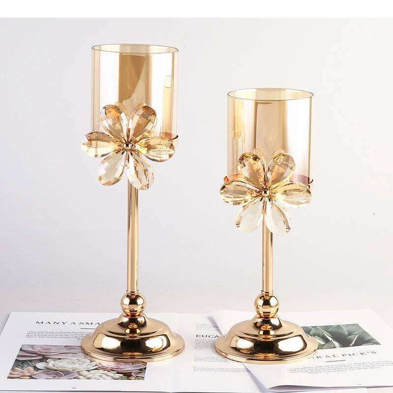Retro Glass Candle Holders Metal Stand Romantic Candlestick Home Desktop Candelabros Storage Containers Decoration H260310