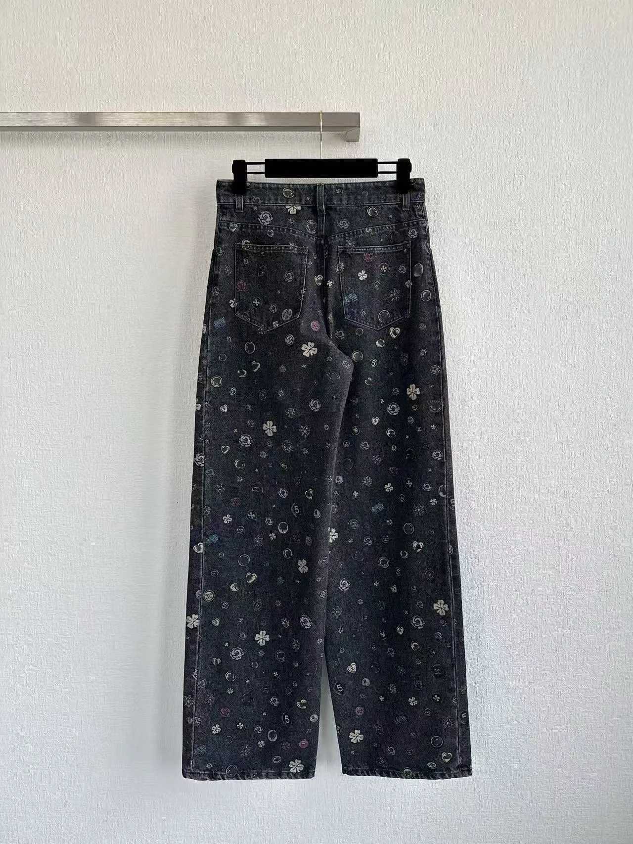 Womens High Waisted Wide Leg Jeans Luxury Vintage Black Denim Pants Floral Heart Print Casual Loose Fit Slimming TrousersT260310