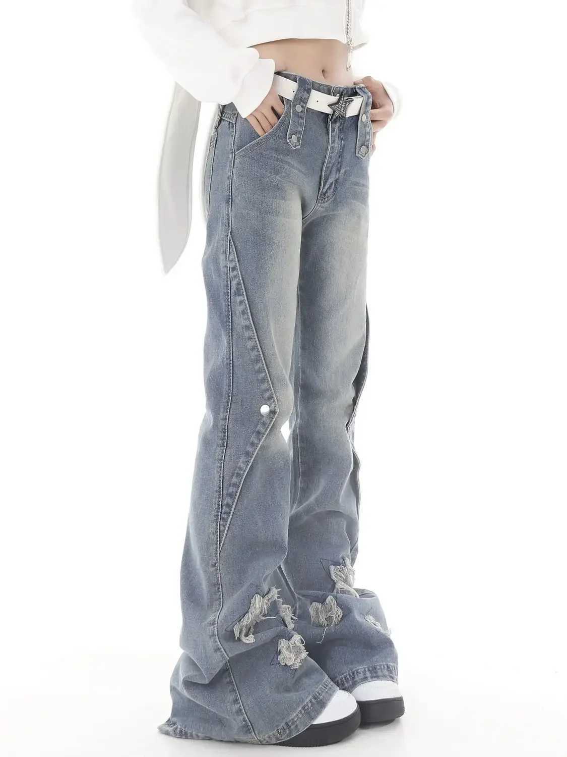 Women Blue Y2k Star Flare Jeans Vintage Cowboy Pants Harajuku Denim Trousers 90s Streetwear 2000s Trashy Clothes 2024 M260310