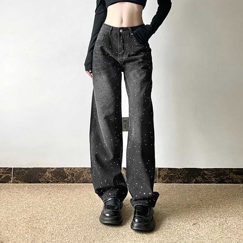 2026 Denim Straight Jeans Women Vintage Wide Leg Pants High Waist Pockets Washed Distressed Streetwear Trousers M260310