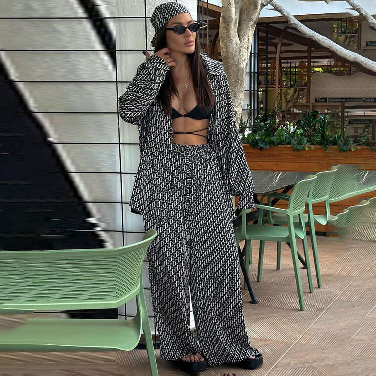 Fashion Black Print Womens 2 Piece Outfit Set Elegant Lapel Long Sleeve Shirts And High Waisted Lopse Straight Pants Sets
