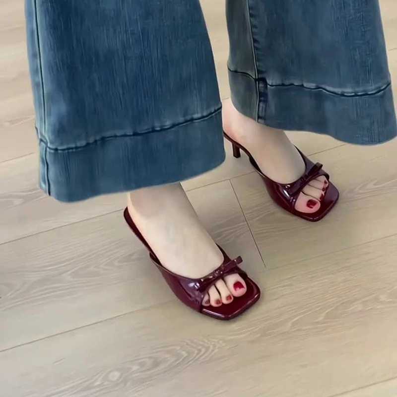 2026 New Women Square Toe High Heel Fashion Butterfly-knot Dress Shoes Summer Stripper Mules Slides Zapatos De Mujer K260311