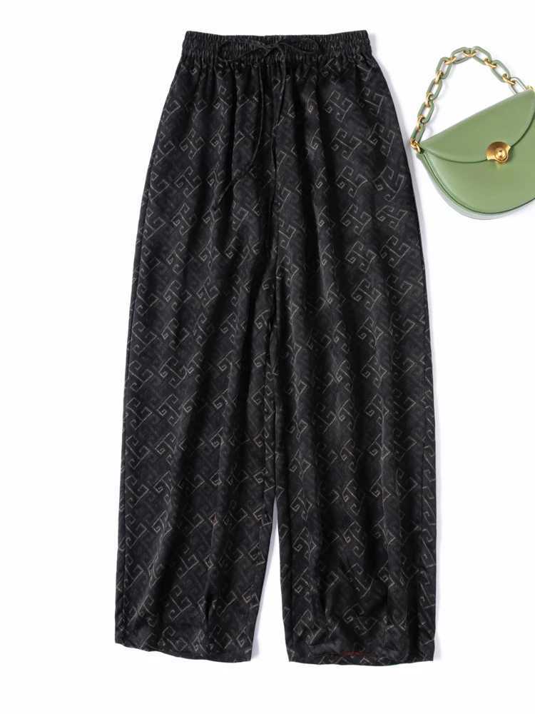 Breathable Cool 100 Natural Mulberry Silk Jacquard Gambiered Guangdong Gauze Elastic Waist Womens Loose Fashion Harun PantsT260310