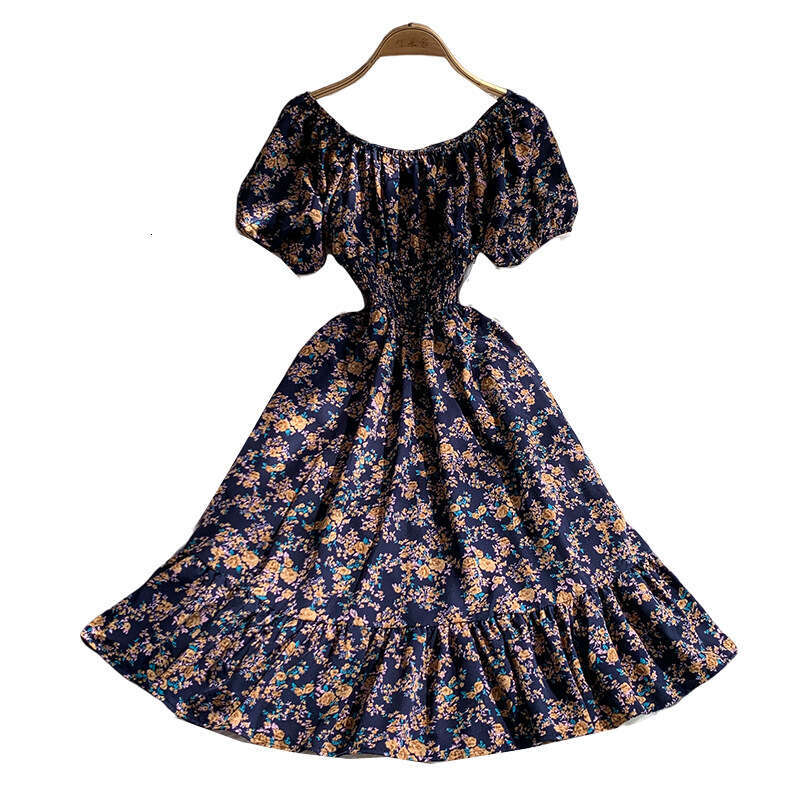 Women's designer French printed off shoulder bubble sleeve dress with summer stretch waist slimming and ruffled details