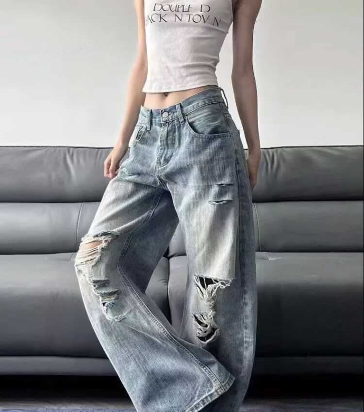 2025 Summer High Waist Ripped Womens Blue Jeans American Vintage Streetwear Y2K Wide Leg Jean 2000s Trouser Baggy Denim Pants M260310
