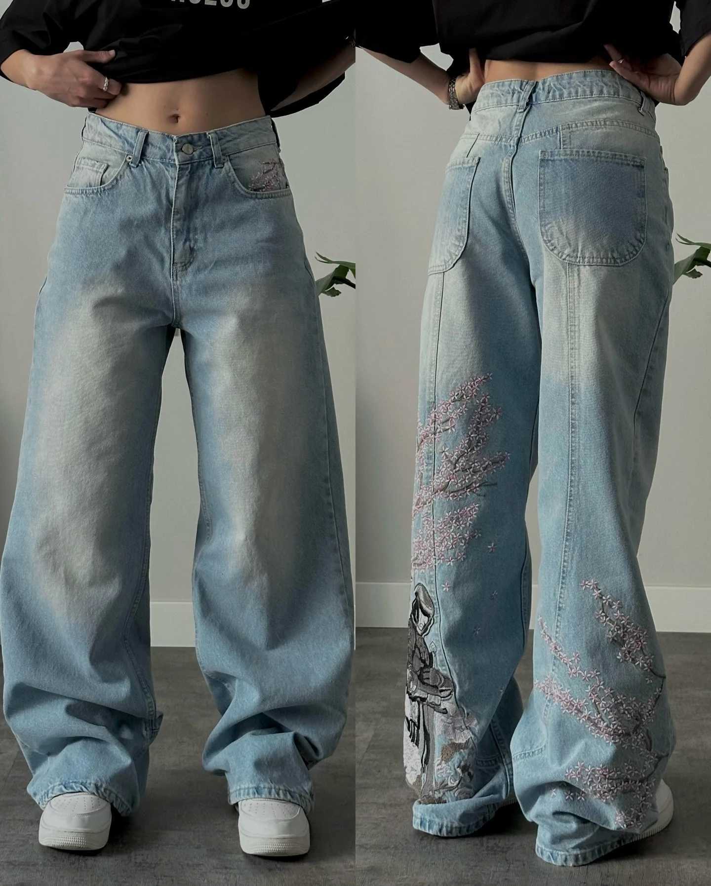 Women Retro Cherry Blossom Knight Embroidery Jeans Y2k Retro Baggy Black Straight Denim Pants Street Wash High Waist Jean Men M260310