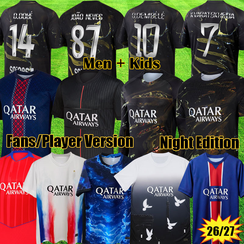 3XL 4XL Maillots 2025 5TH psges Night Edition Soccer jerseys Fourth DEMBELE 2026 HAKIMI G RAMOS 25 26 4TH Maillots football KVARATSKHELIA men kids Pre match uniforms