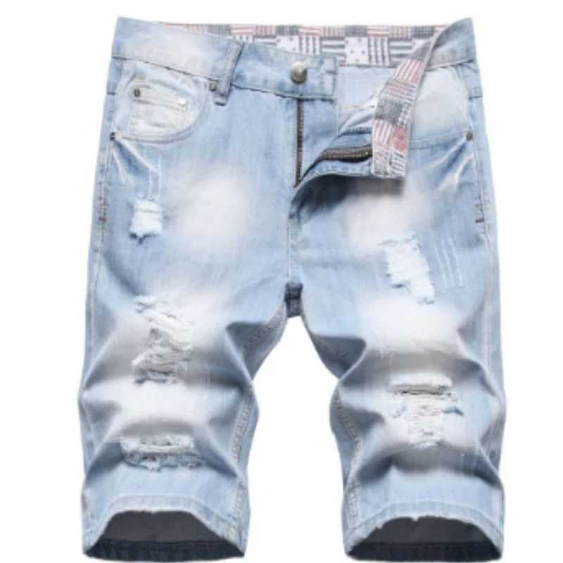 New Summer Men Blue Denim Shorts Italian Style Male Shorts Jeans High Quality Male Stretch Fit Ripped Denim Jeans Shorts Size 38 N260310