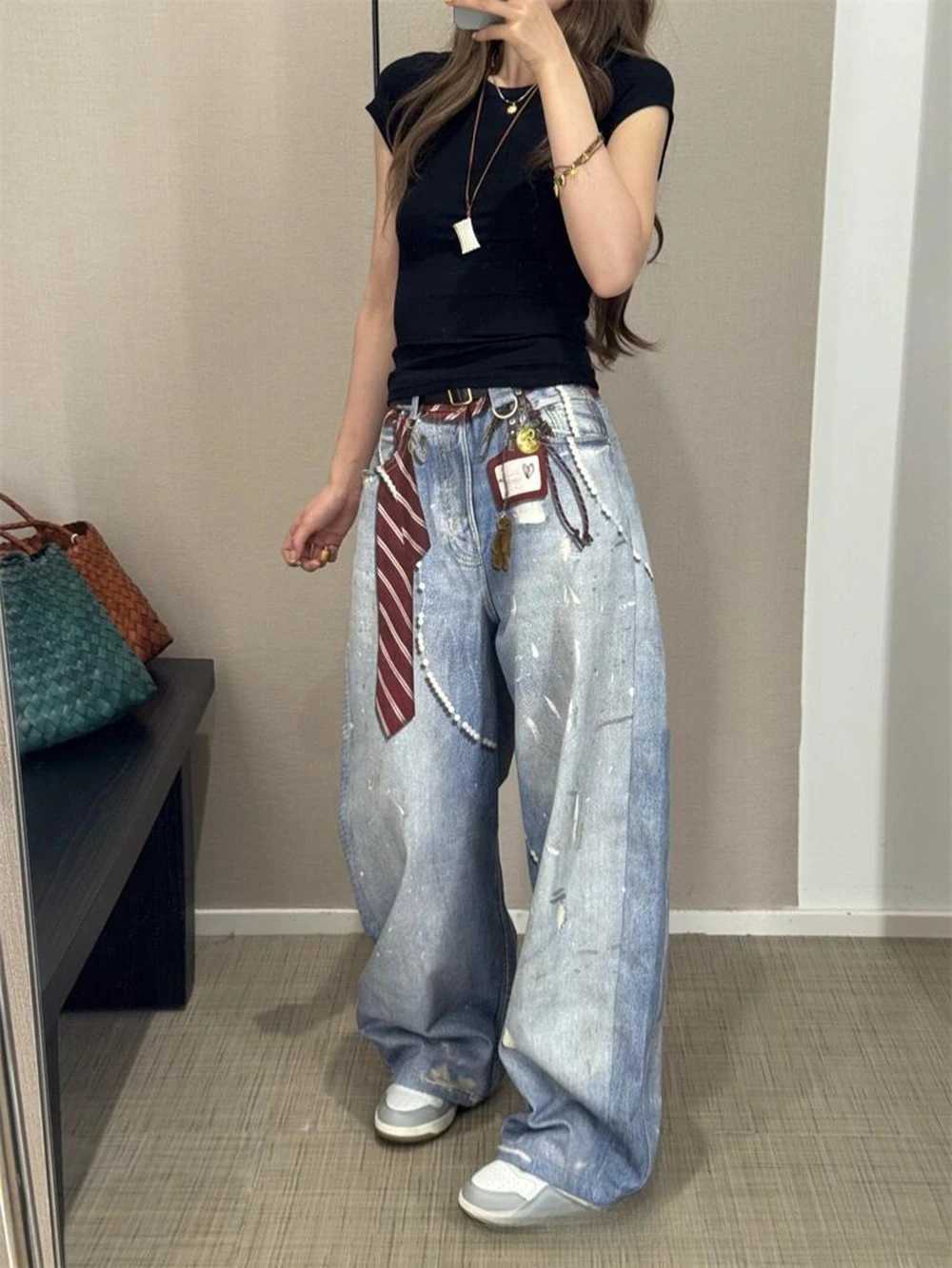 American Retro Scimitar Tie Exquisite Printed Blue Jeans Autumn New Design Loose Contour Floor Pants Women Street Fashion Pants M260310