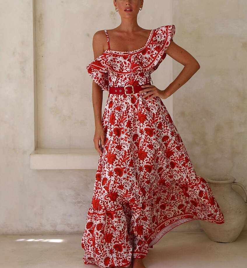 2026 spring and summer European and American fashion sexy strapless pleated hem asymmetrical collar holiday style floral long skirt