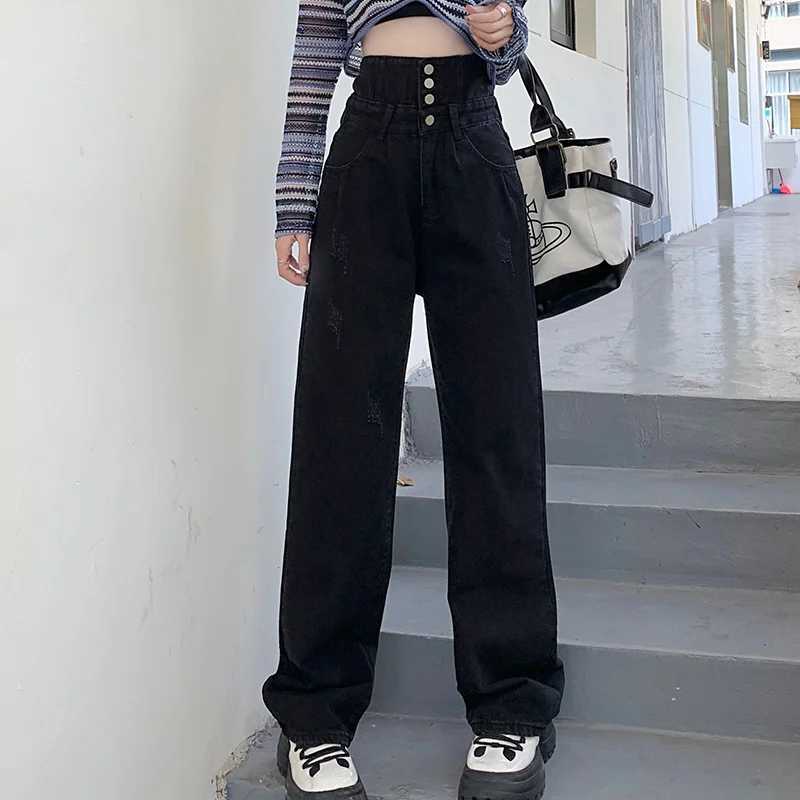 Hight Waist Denim Pant Women Jeans Vintage Straight Trousers Jeans Autumn Spring Fashion Female Black Casual Wide Leg Pants M260310