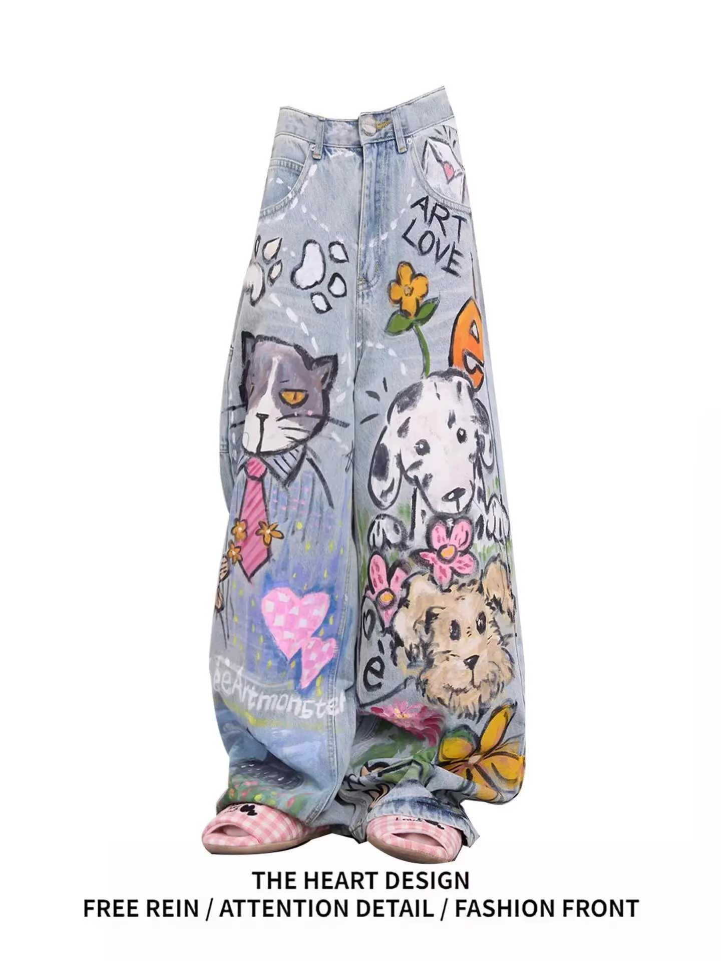 Doodle-printed Jeans American Casual Style Vintage Straight-cut Loose-fitting High-street Wide-leg Pants Y2k Baggy Jeans Ladies M260310