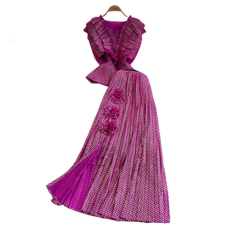 Elegant European and American socialite style double-layer ruffle V-neck sleeveless waist-cinching top + high-waisted slimming slit skirt