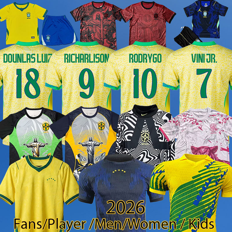 2026 World Cup Brazil Soccer Jersey MARQUINHOS BRUNO G RODRYGO Special Jesus Edition Brasil 2026 2027 VINI JR RAPHINHA MARTINELLI Fans 4XL Players kids kit