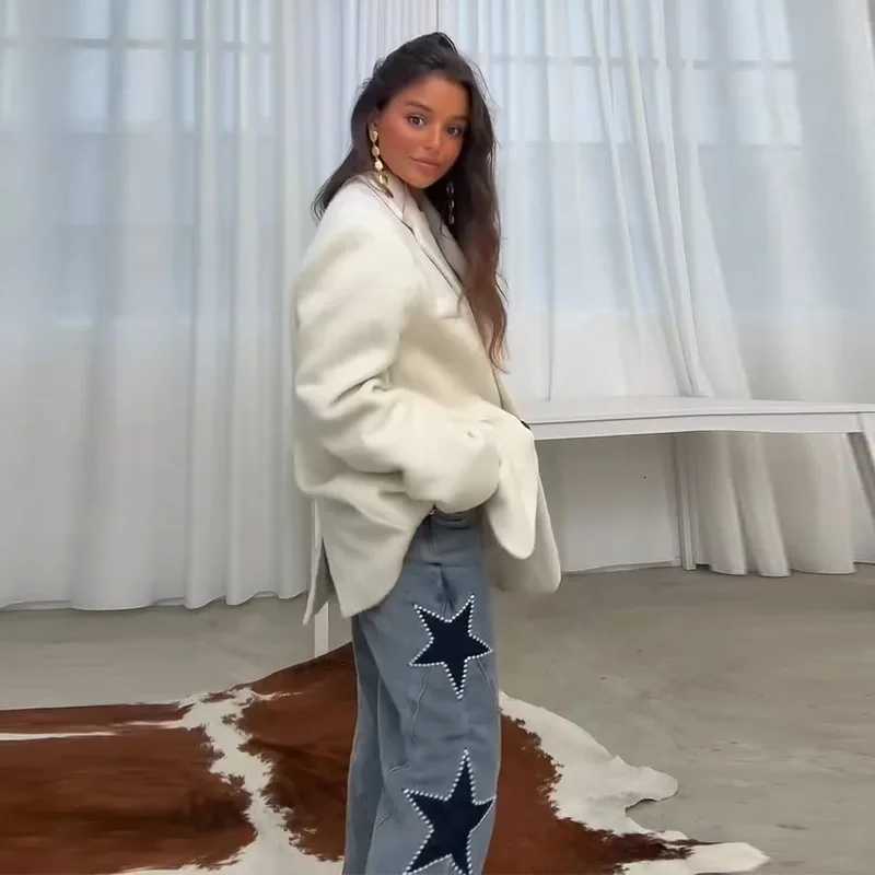 Diamond Decoration Jeans Women Five Pointed Star Straight Womens Pants Retro Baggy Fashion Street Denim Jeans Trousers LadiesT260310