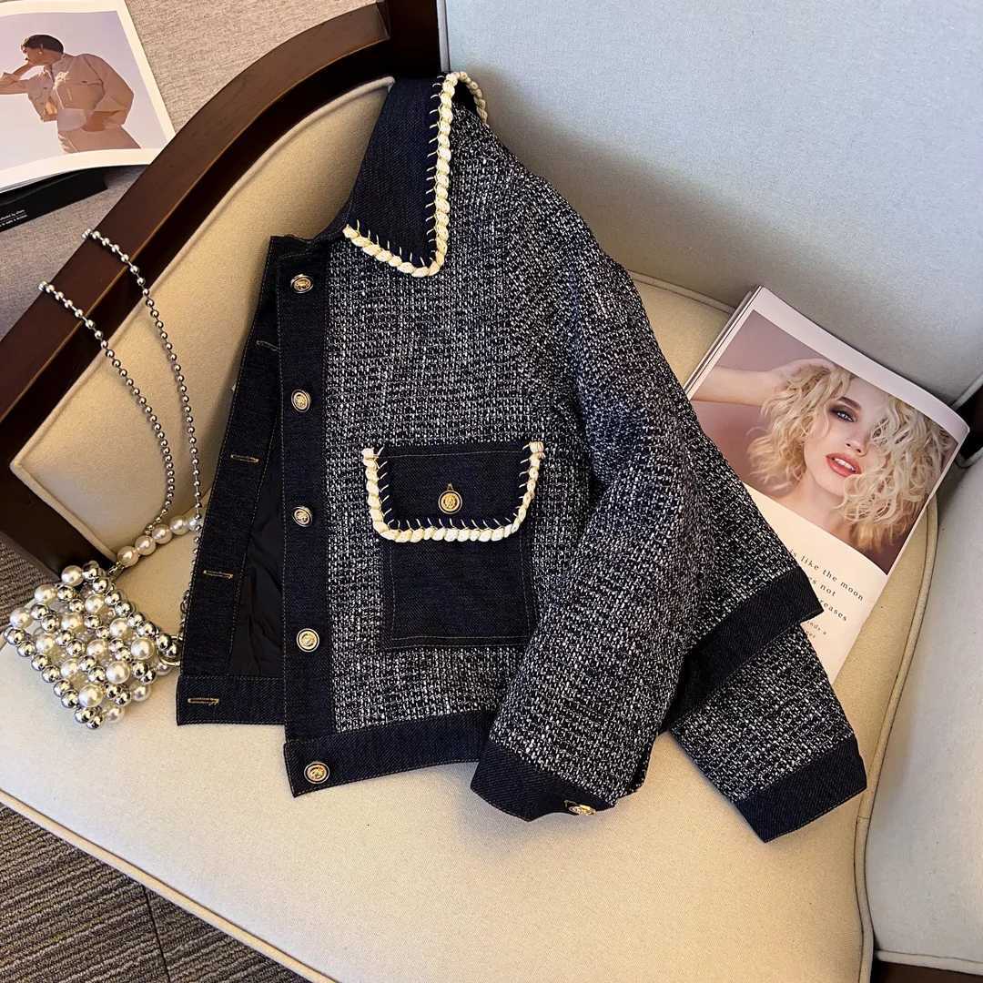 Xiaoxiangfeng denim jacket womens 2025 spring and autumn new design sense contrasting color splicing short foreign style topT260310