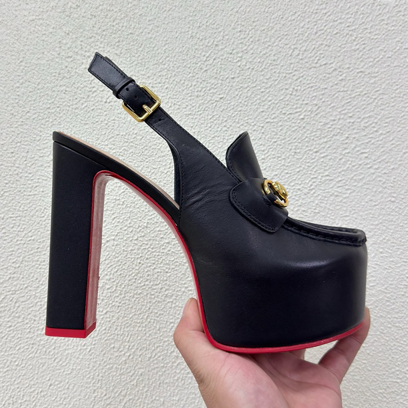 The catwalk New Thick Heel Platform High Heel Sandals Red Genuine Leather Sole Metal Buckle Decorative High Heel Mules Designer fashion sexy Evening Dress Shoes 35-42