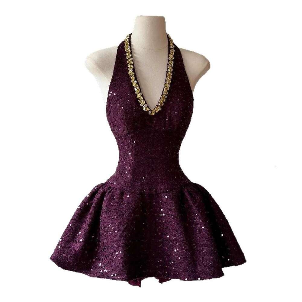 2026 new elegant women's sexy camisole collar V-neck light color luxury sequin eye-catching diagonal mini dress