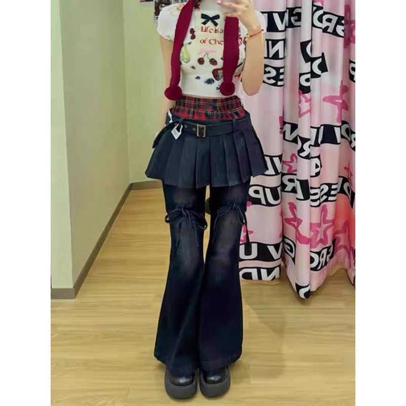 YIBASHU Autumn Womens Denim Pants Slim Flared Jeans Fake Two Pieces Bell Bottom Jeans Abi Y2k Dark Academia Skinny Cyber Punk M260310